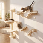 Beige wall-mounted cat furniture with tall post, hammock and curved scratching steps