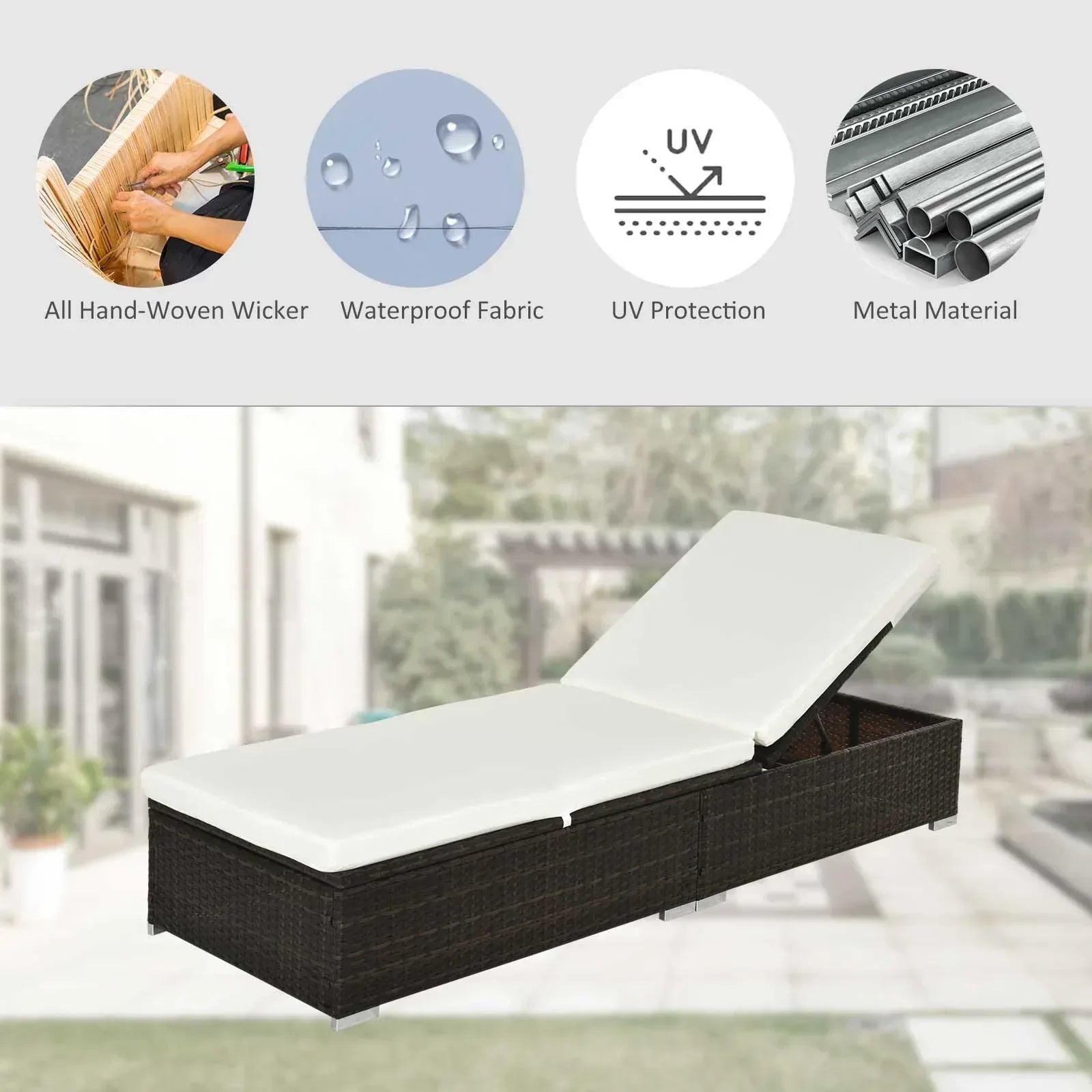 PE Rattan Sun Lounger, Five-level Adjustable Recliner Bed Chair with Soft Padded Cushion for Patio, Garden, Mixed Brown - Bobobiy