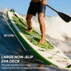 Green inflatable SUP board with large non-slip EVA deck and top surface traction