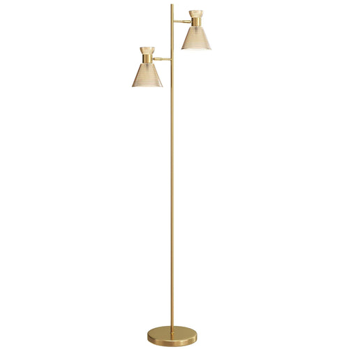 Gold tone floor lamp with adjustable dual heads and floral glass shade cones