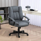 Dark grey mid-back office chair with curved armrests and swivel base on casters
