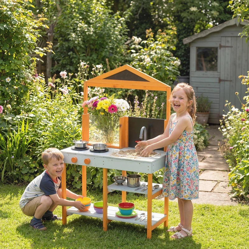 Kids outdoor wooden play kitchen with sink, two pot burners, and two shelves