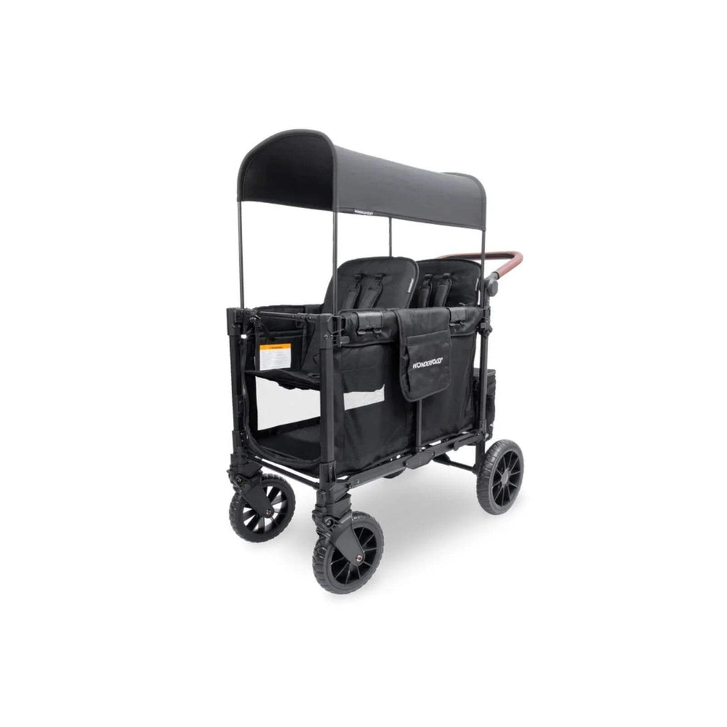 Jet black stroller wagon with canopy and front seat area, side storage pocket panels