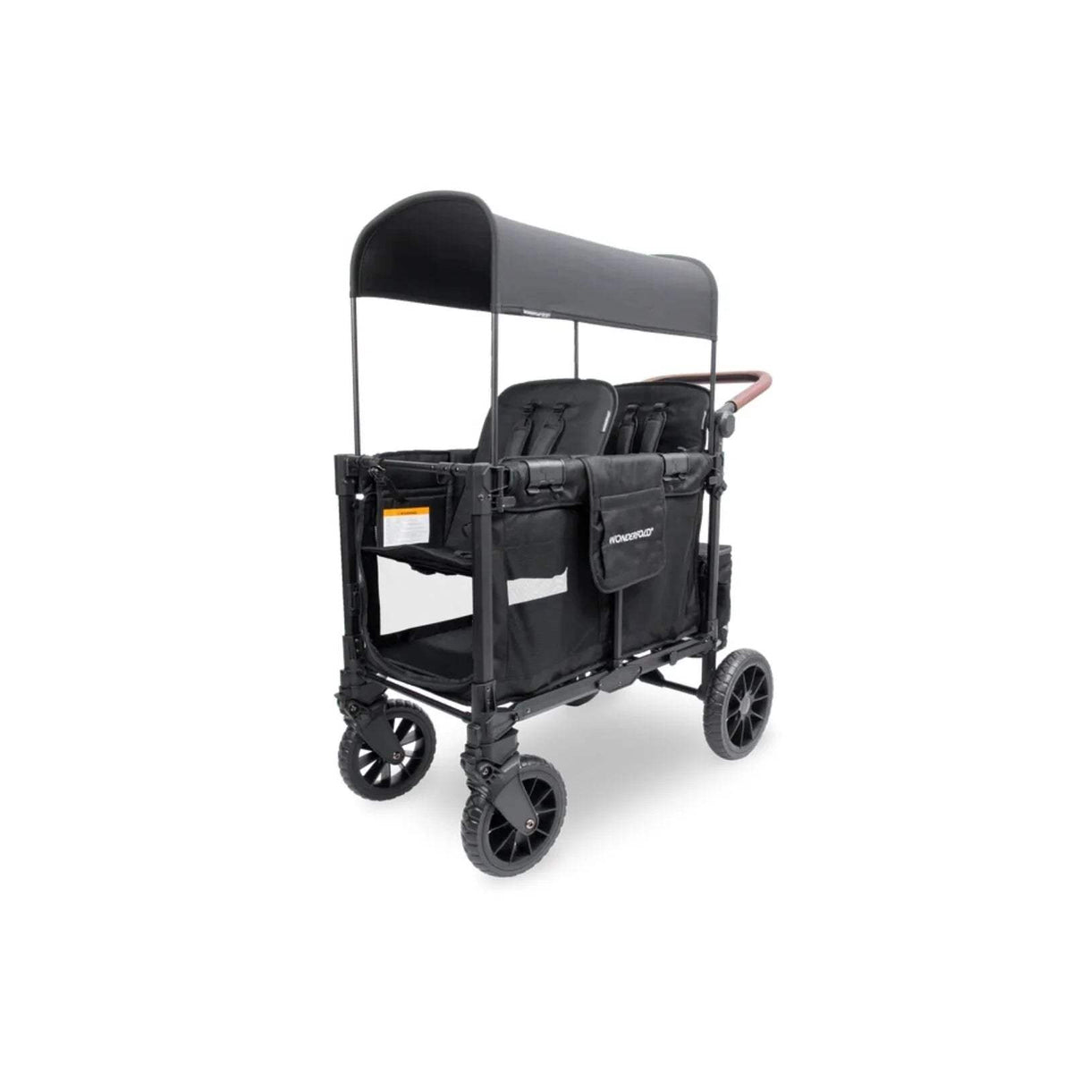 Jet black stroller wagon with canopy and front seat area, side storage pocket panels