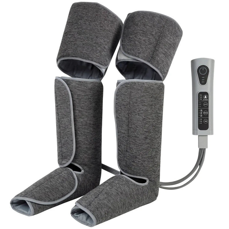Grey leg and calf compression massager with heat control unit and foot sleeves