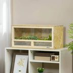Natural wood reptile terrarium with front mesh panel and clear sliding glass window