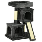 Black multi-level cat tree with cushioned platforms, enclosed hideout, and sisal posts