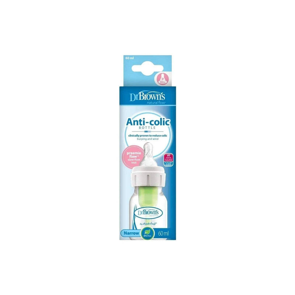 Dr. Brown's anti-colic narrow-neck baby bottle 60 ml packaging, with bottle shown