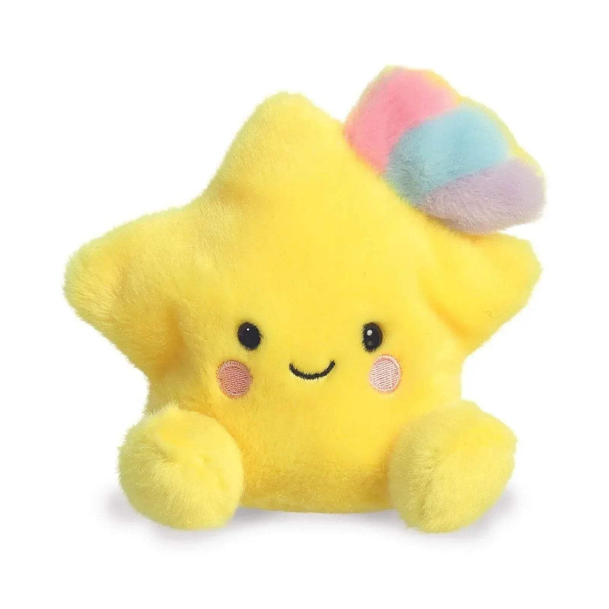 Yellow plush shooting star soft toy with smiling face and pastel cloud tail