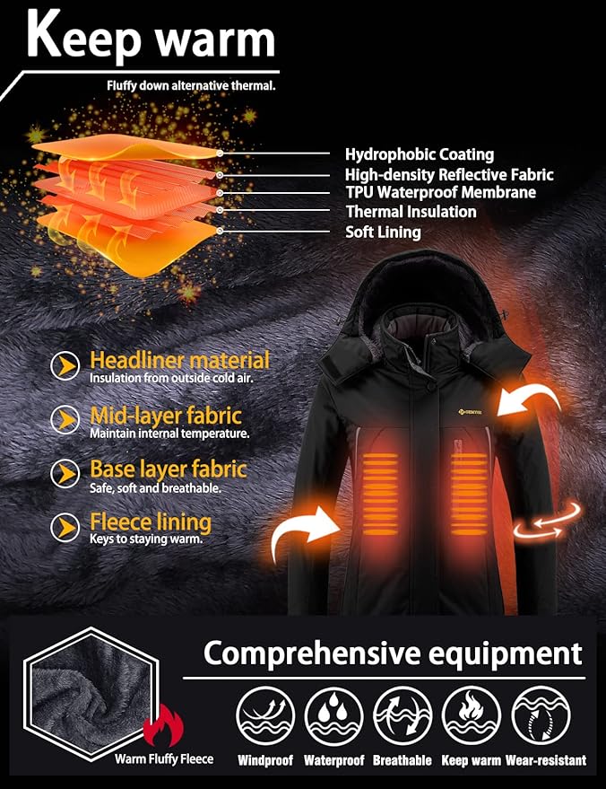 Womens Ski Jacket Waterproof Winter Fleece Coat Black Size XL GEMYSE