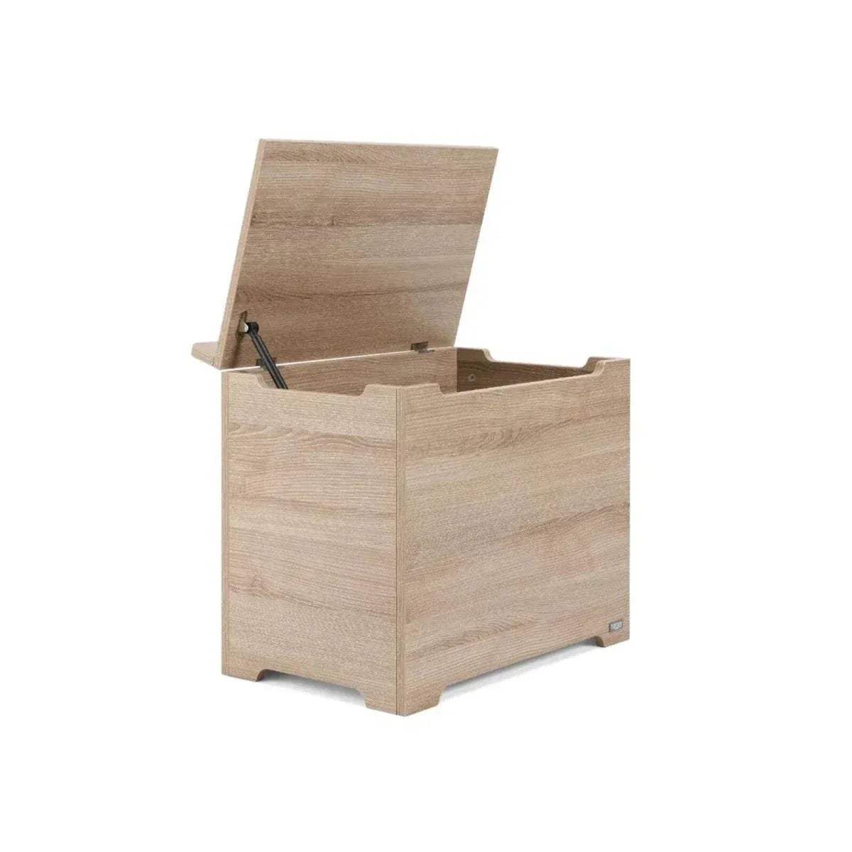Oak wooden toy box open with lid raised and interior storage compartment