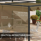 Khaki retractable canopy pergola with slide rail system over outdoor seating