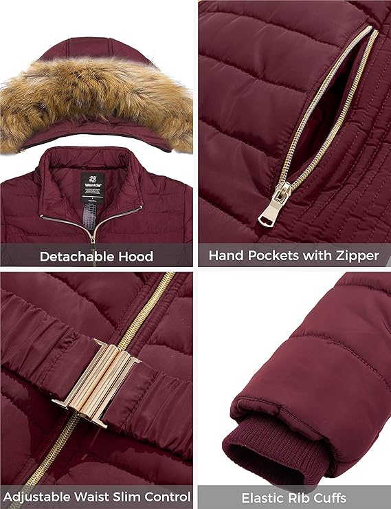 Womens Long Winter Coat Warm Padded Jacket Windproof Faux Fur Hood Size S Wantdo