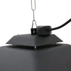 Black hanging patio heater base with metal chain and attached power cord