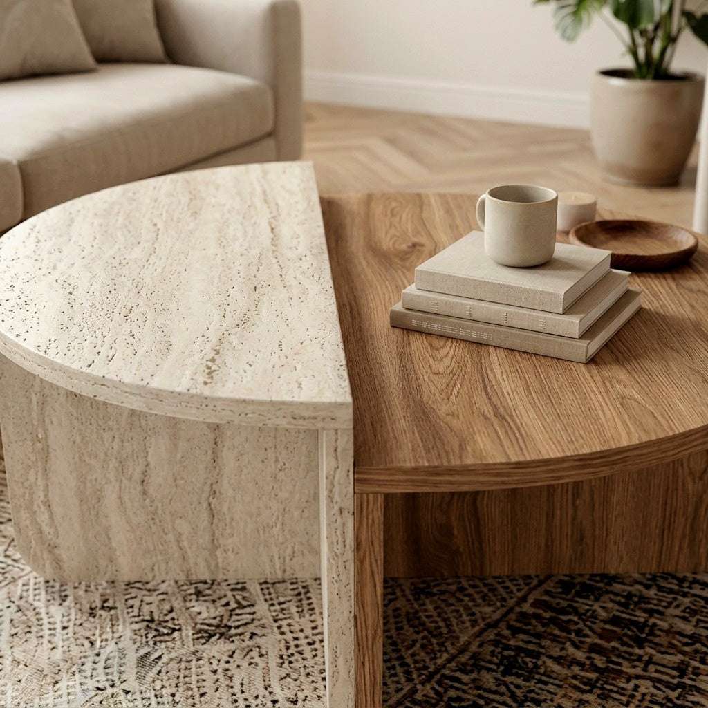 Rounded travertine-look coffee table with deep oud wood shelf and stone tabletop