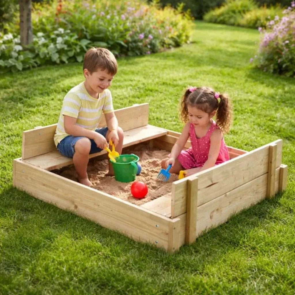 Wooden lidded sandpit with open interior; two children digging and playing