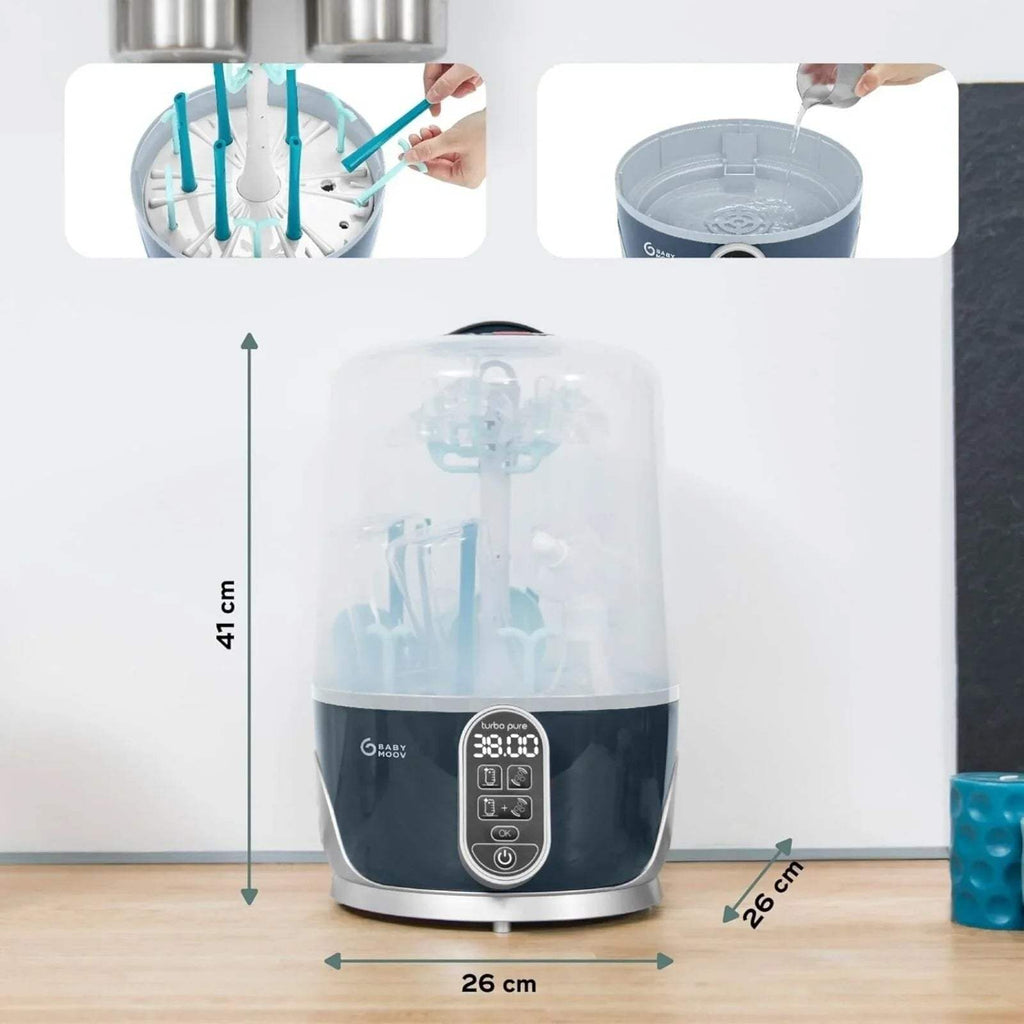 Babymoov Turbo Pure 3-in-1 steriliser and dryer with blue bottle tools inside