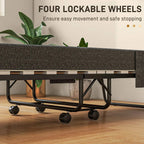 Folding single bed base with four lockable casters and dark grey mattress top