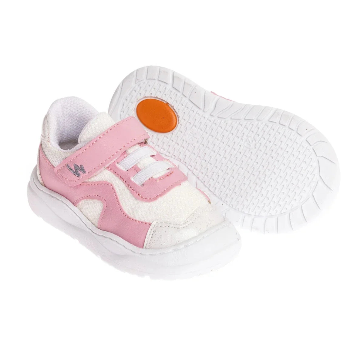 Girls first-step sneakers, pink-and-white, outsole tread visible, hook-and-loop strap
