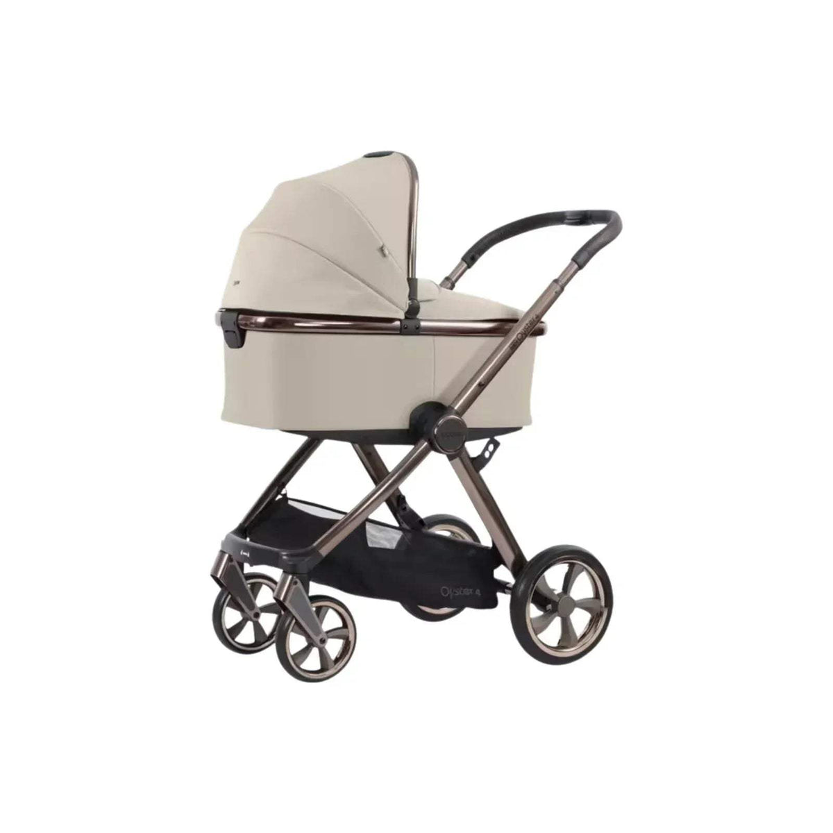 Buttermilk stroller carrycot with raised hood and black undercarriage, side view