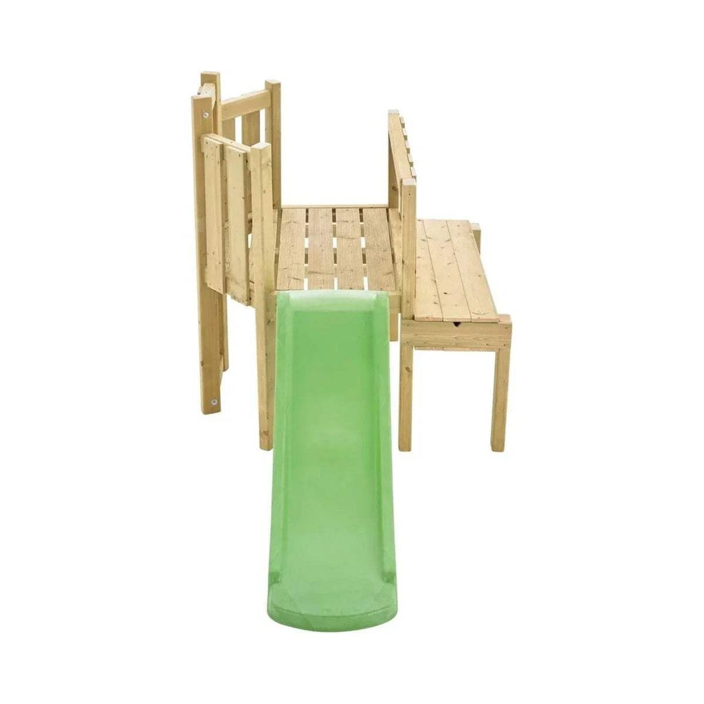 Wooden climbing frame with enclosed slide and green chute front view