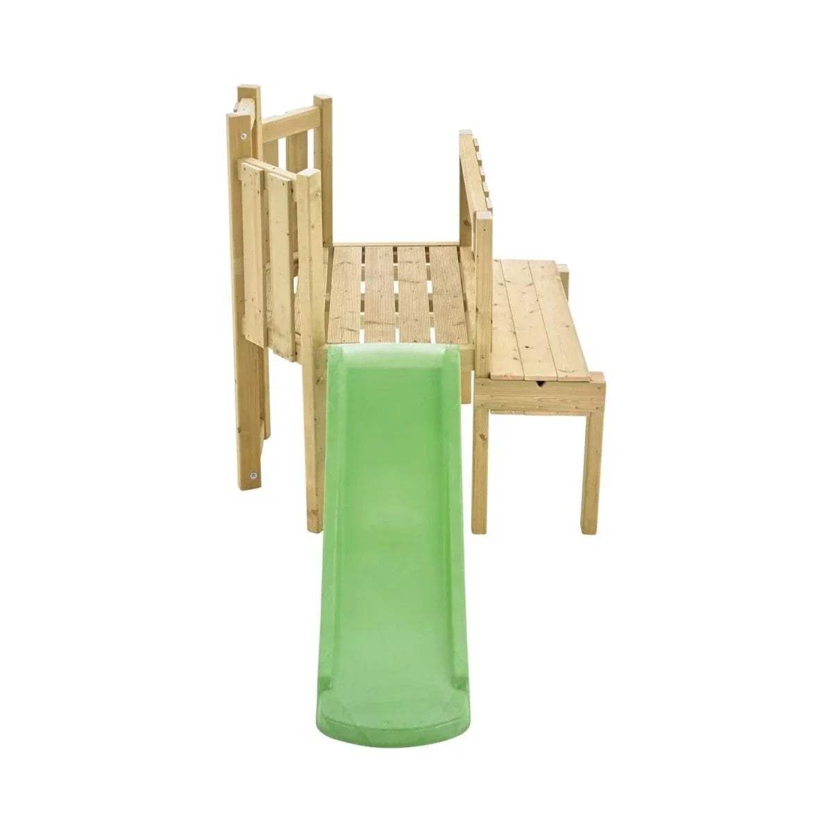 Wooden climbing frame with enclosed slide and green chute front view
