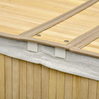 Close-up of natural bamboo lid edge with gray fabric liner and fastening tabs