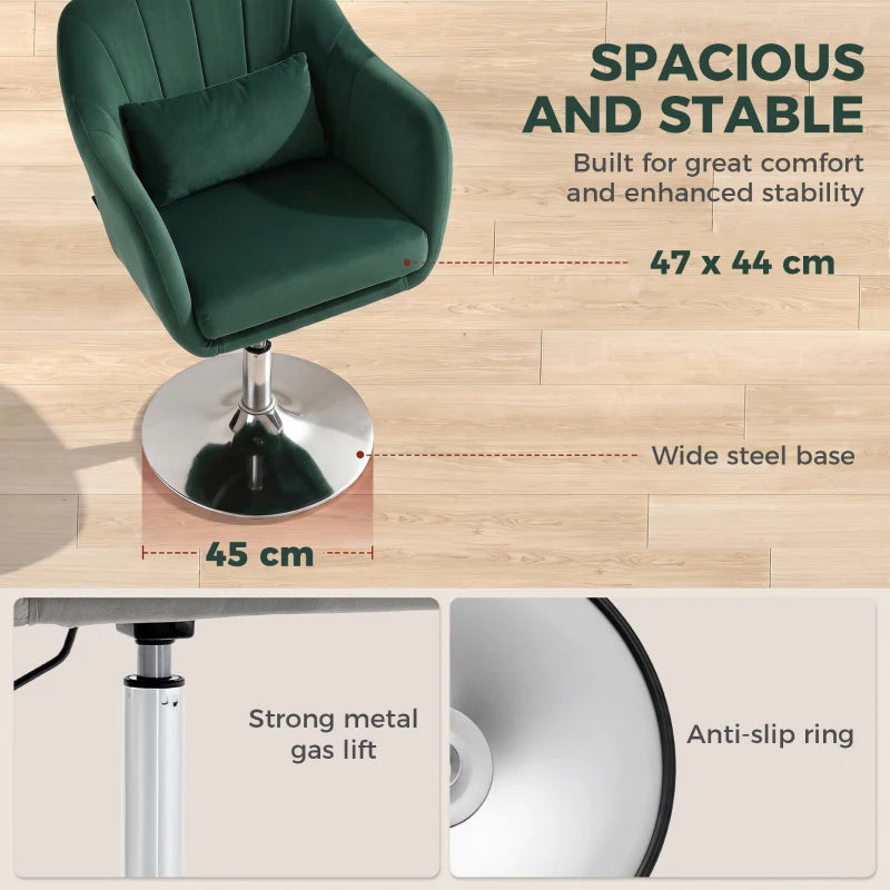 Dark green velvet swivel tub chair with wide steel base and cushioned seat