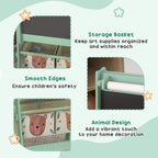 Green kids art easel storage basket area with bear-pattern organizer panels.