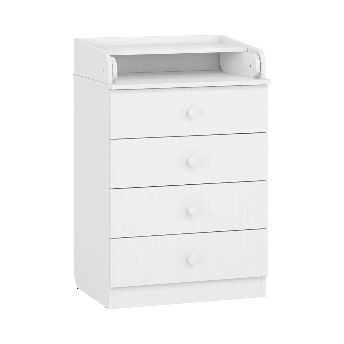 White kids changing dresser with 4 drawers and side-rail changing pad support