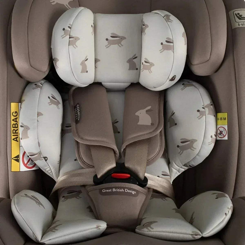Child car seat interior with grey animal-print padding and integrated harness