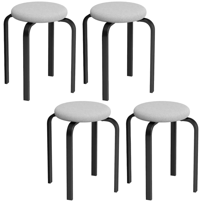 Set of 4 grey cushioned round backless stools with black metal legs, stackable