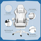White PU leather gaming chair with thick padding, gas lift, and sturdy base
