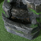 Dark grey rock water fountain basin with green moss and water channels