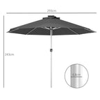 Dark grey patio parasol with open canopy, straight pole, and cross vents