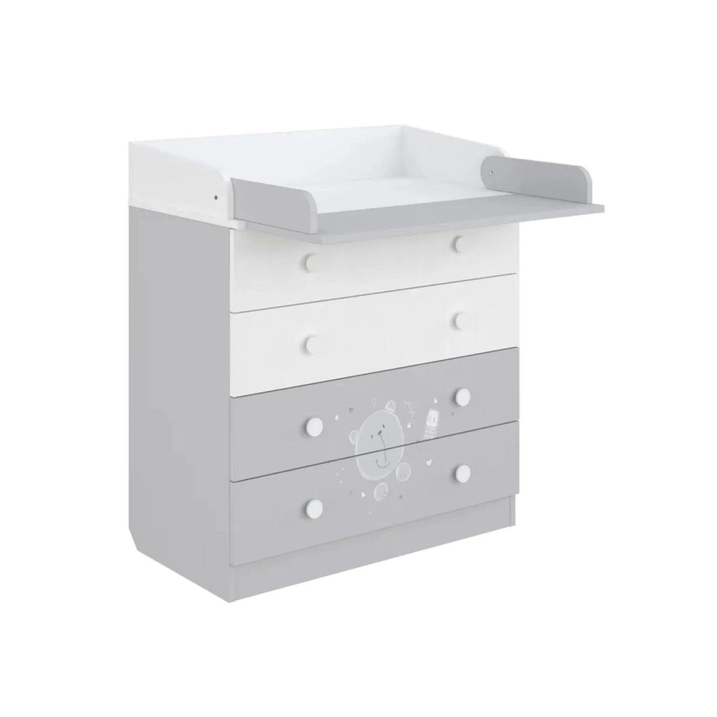 Kids teddy changing dresser, white top and grey body, three drawers with round knobs