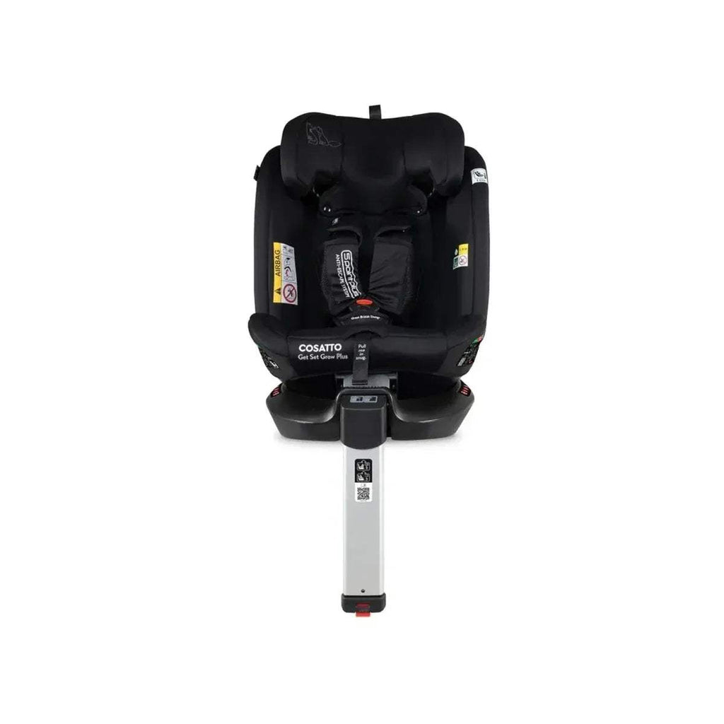Cosatto i-Size 360 car seat front view, black shell with white dog print inserts and headrest