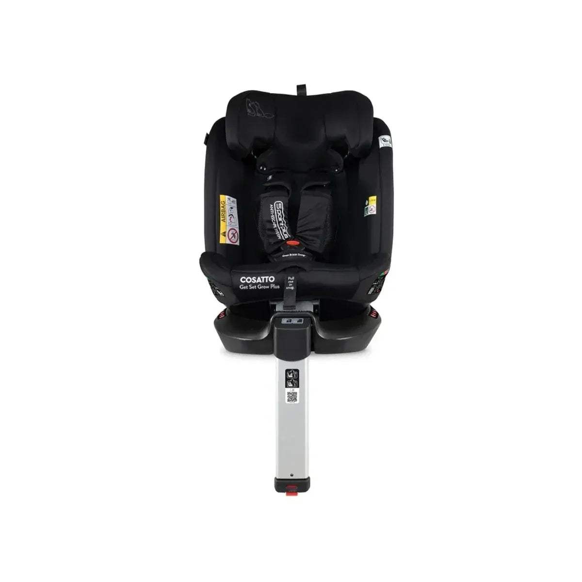 Cosatto i-Size 360 car seat front view, black shell with white dog print inserts and headrest