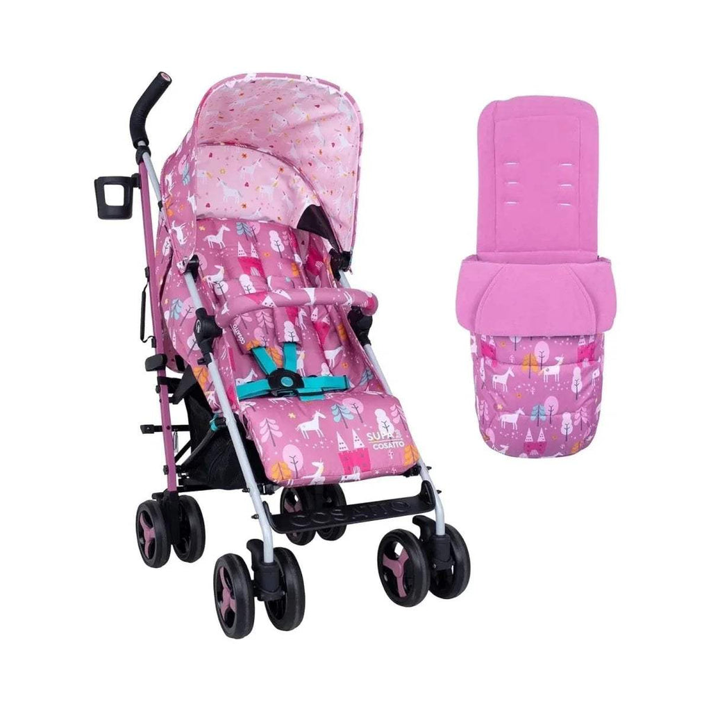 Pink unicorn print stroller with matching purple footmuff and liner set