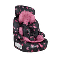 Charcoal car seat with pink heart pattern, padded headrest and 5-point harness