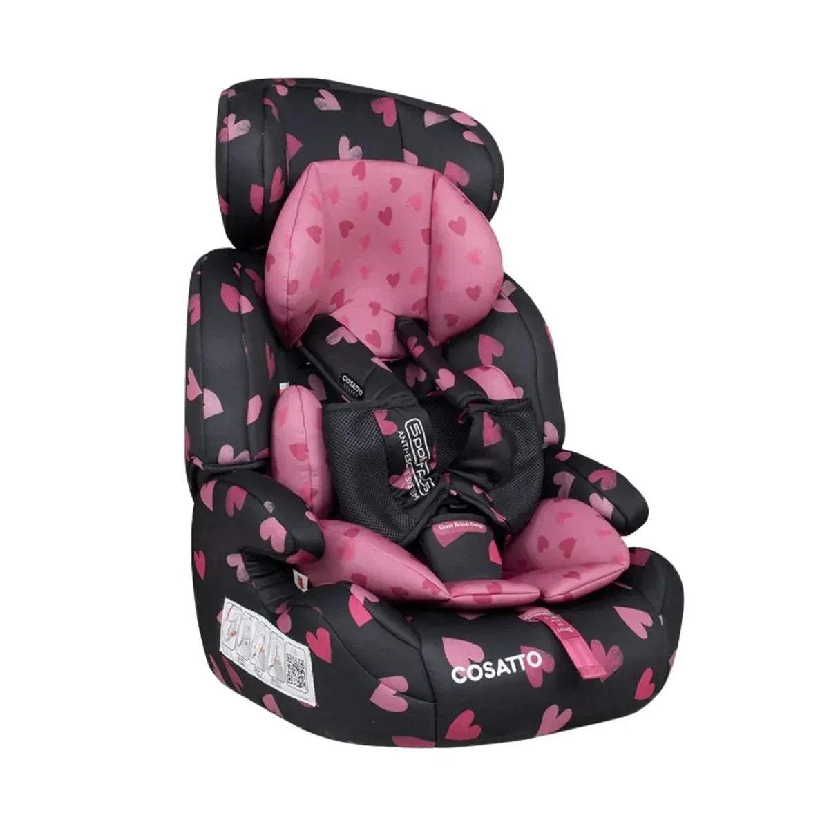 Charcoal car seat with pink heart pattern, padded headrest and 5-point harness