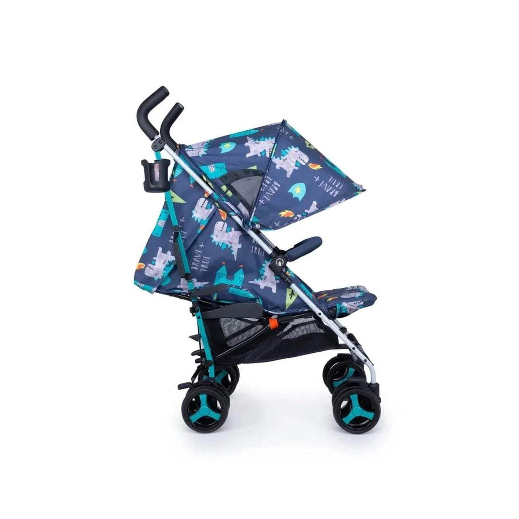 Dragon-themed stroller with extended canopy panel and teal patterned seat