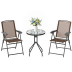 Outdoor bistro set with two folding armchairs and round glass-top table, brown