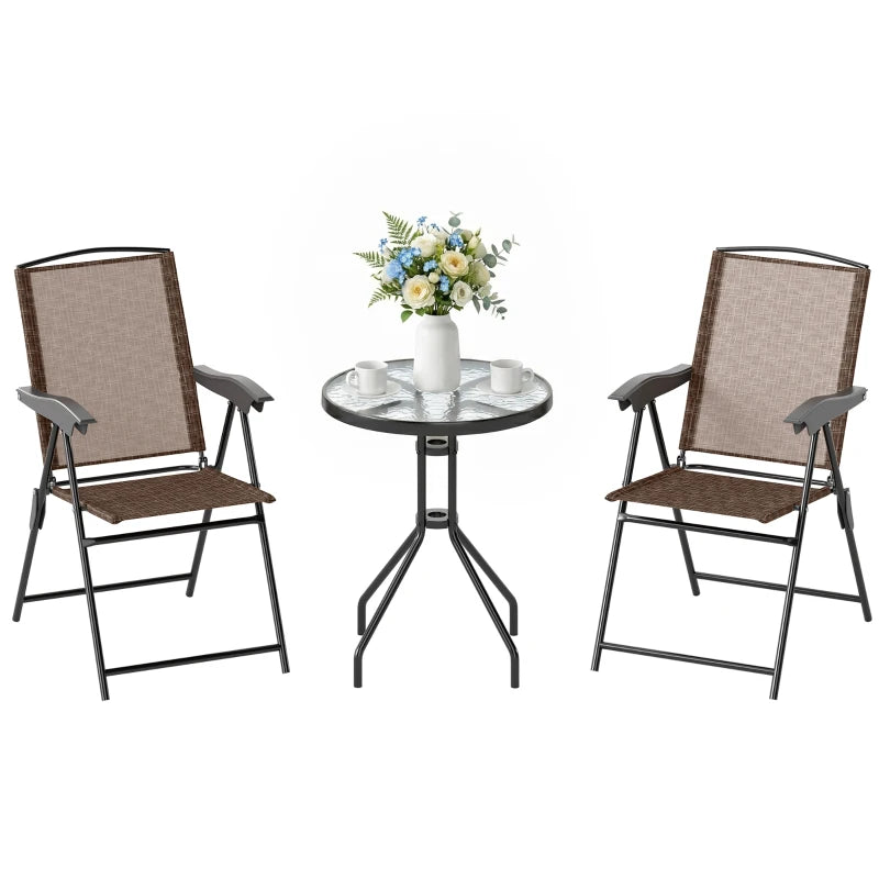 Outdoor bistro set with two folding armchairs and round glass-top table, brown