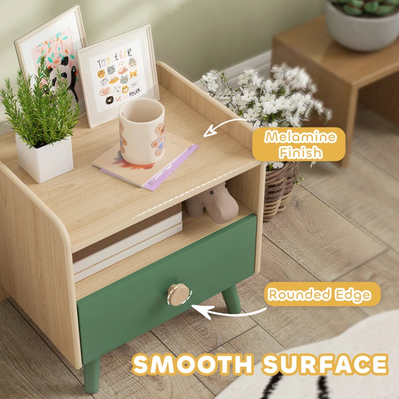 Kids bedside table with melamine finish, smooth rounded edges, green drawer