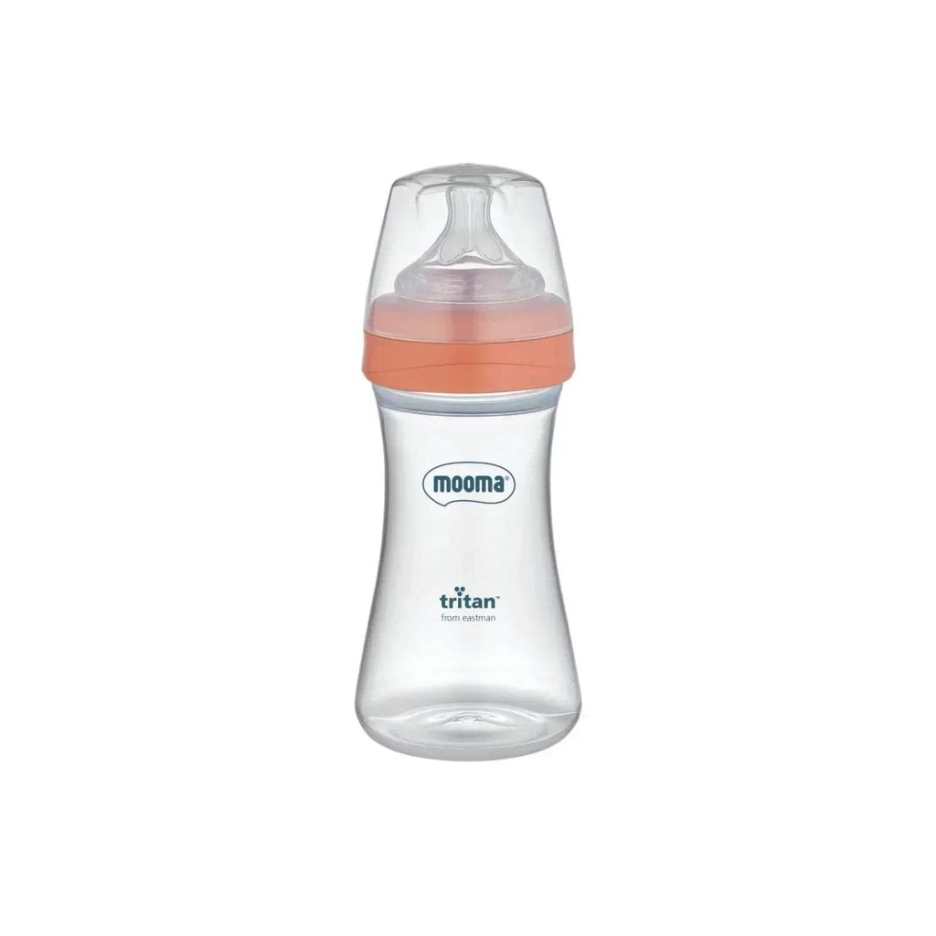 Coral pink and clear Tritan baby feeding bottle with vented medium-flow nipple, 250ml