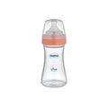 Coral pink and clear Tritan baby feeding bottle with vented medium-flow nipple, 250ml