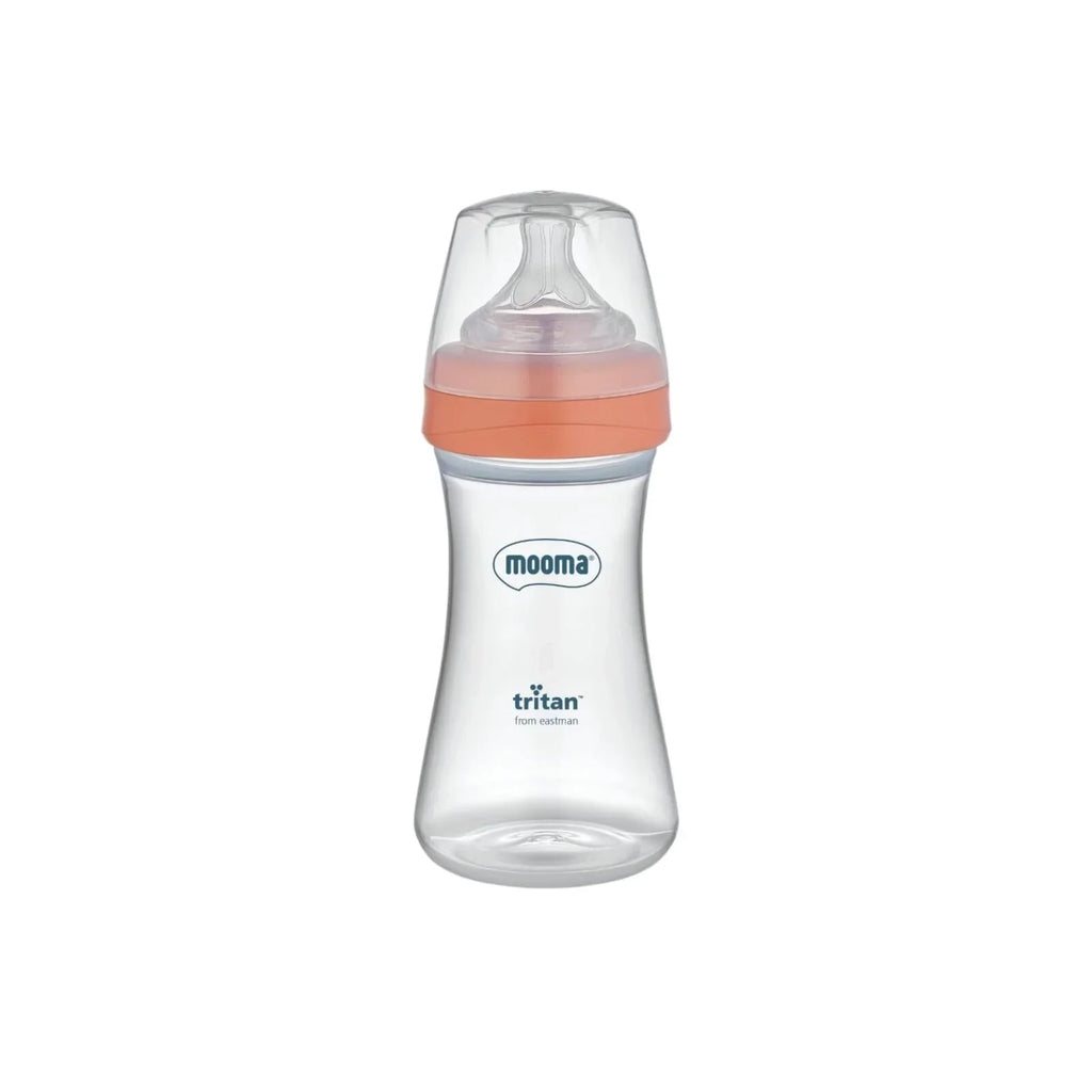 Mooma Neutra feeding bottle with coral pink fast-flow nipple and clear Tritan body