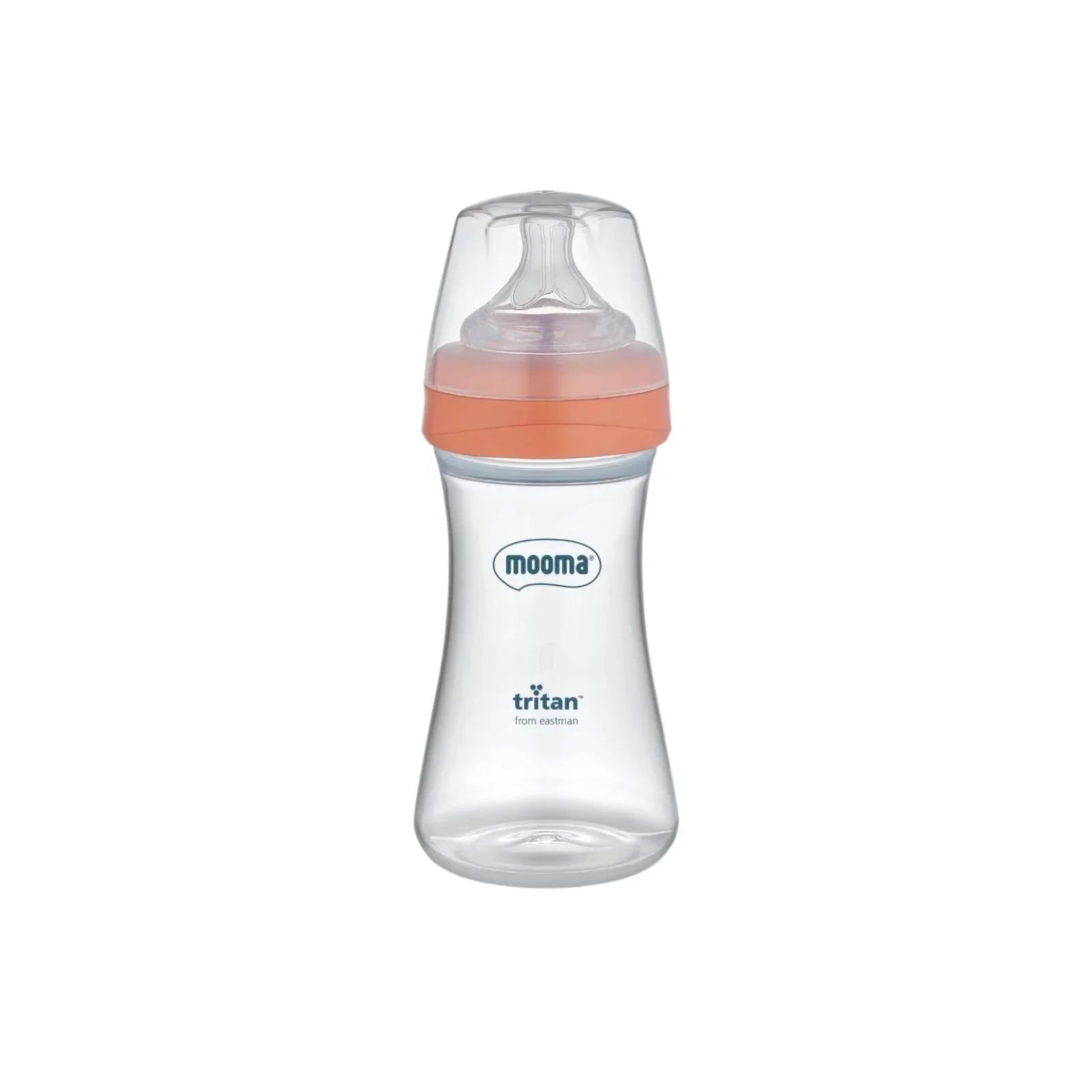 Mooma Neutra feeding bottle with coral pink fast-flow nipple and clear Tritan body