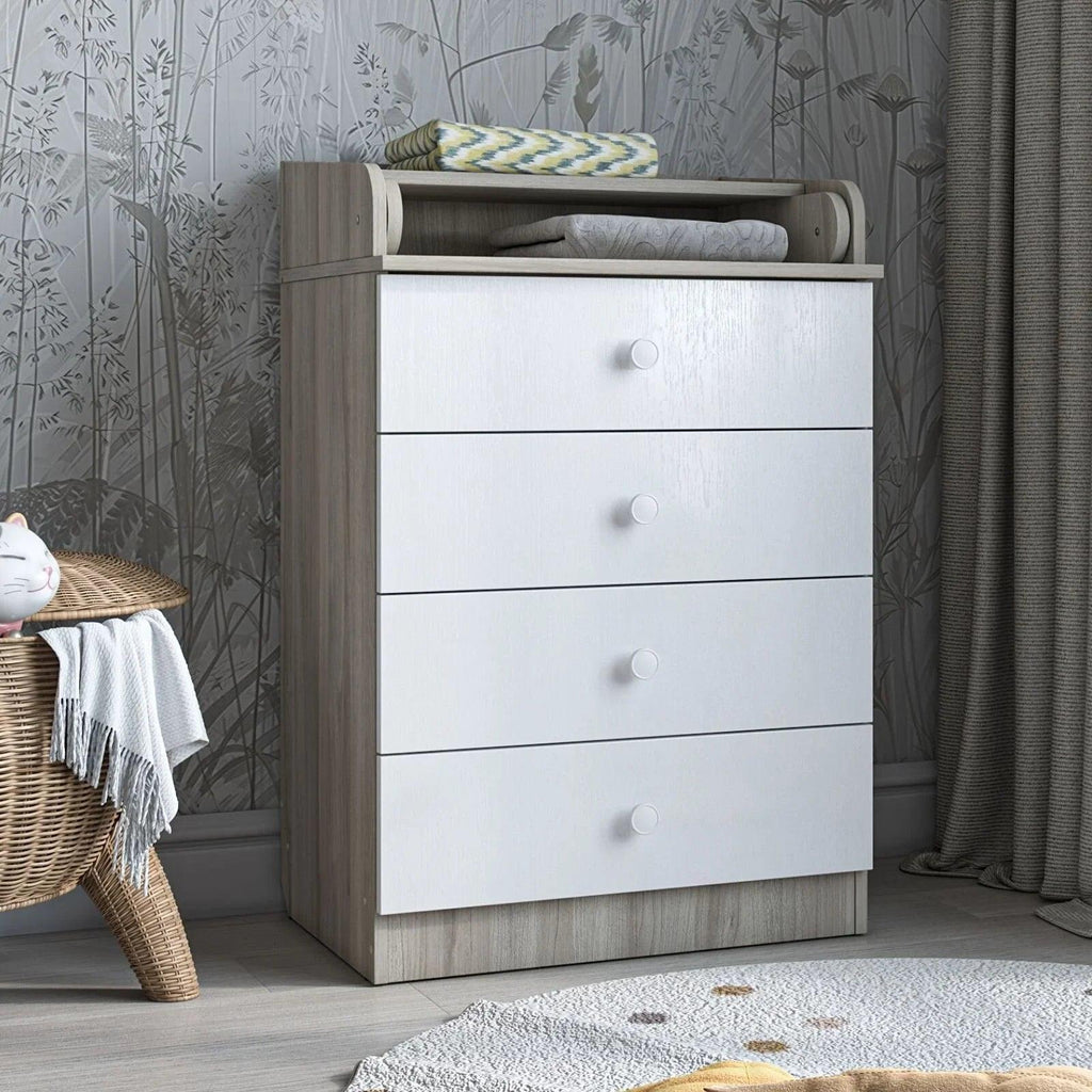 Kids changing dresser in elm wood and white, with three drawers and changing top ledge